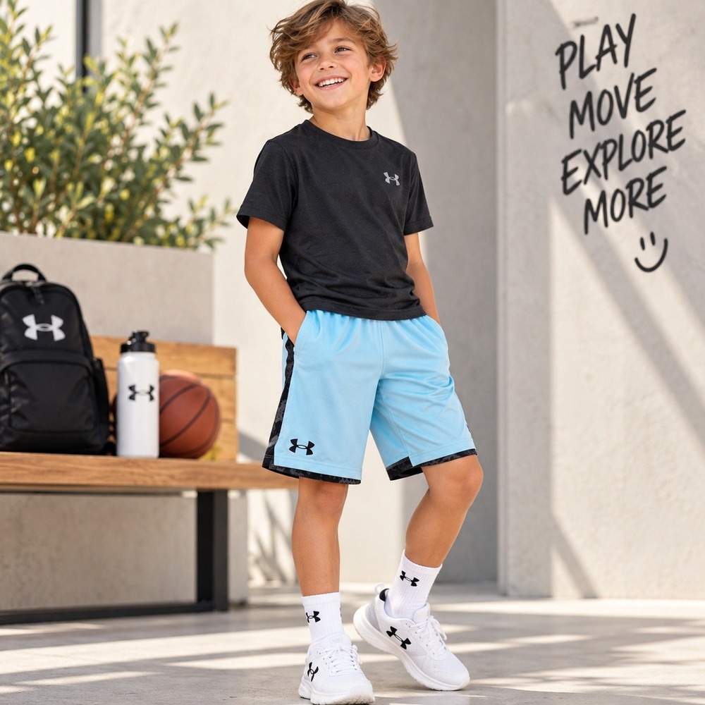 Under Armour Vent Print Blocked Shorts Boys YS Light Blue Athletic Sporty Gym